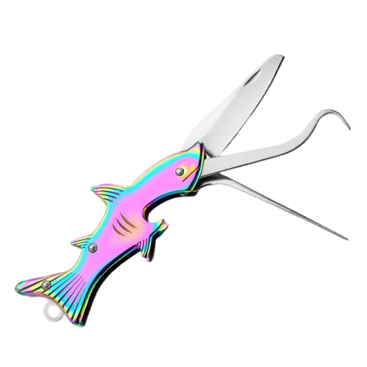 A colorful stainless steel keychain tool with pink and green accents, featuring sharp scissors.
