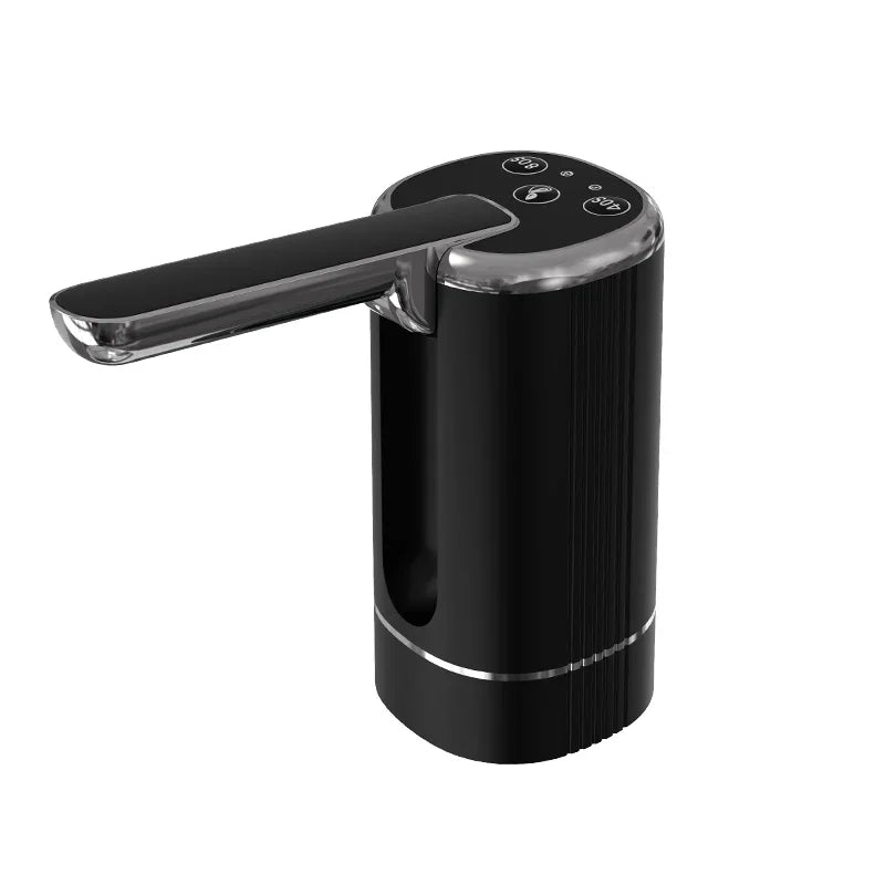 A black portable electric bottle water pump with a clear handle and control buttons.