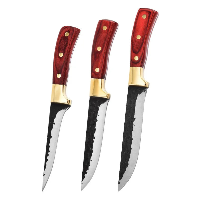A set of three forged boning knives with wooden handles and stainless steel blades.