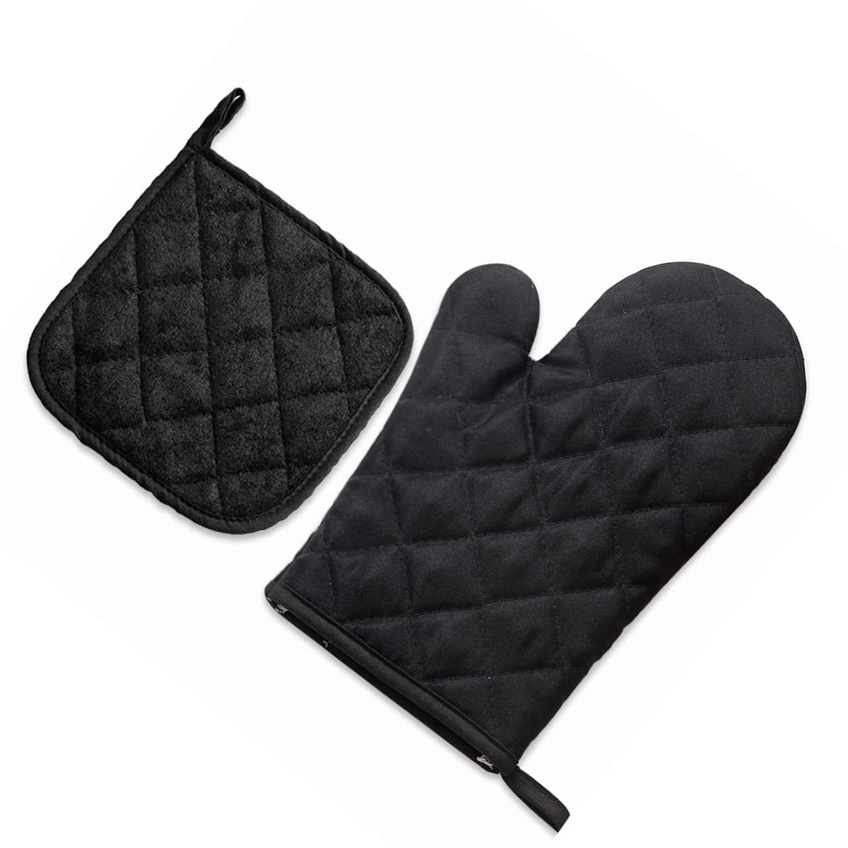 Black quilted heavy-duty oven and baking mitts shown flat