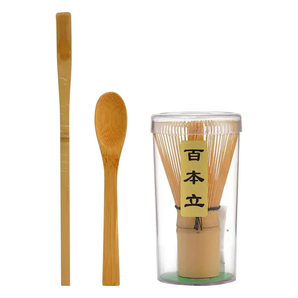 A traditional bamboo matcha tea set featuring a bamboo spoon and a glass container filled with bamboo tea straws.