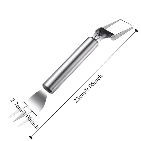 Stainless steel watermelon slicer and fruit divider tool shown with dimensions.