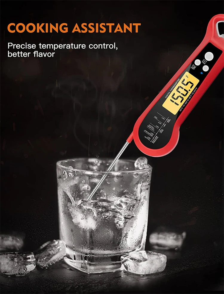 A red instant digital meat thermometer is inserted into an iced drink, measuring 150.5 degrees Fahrenheit.