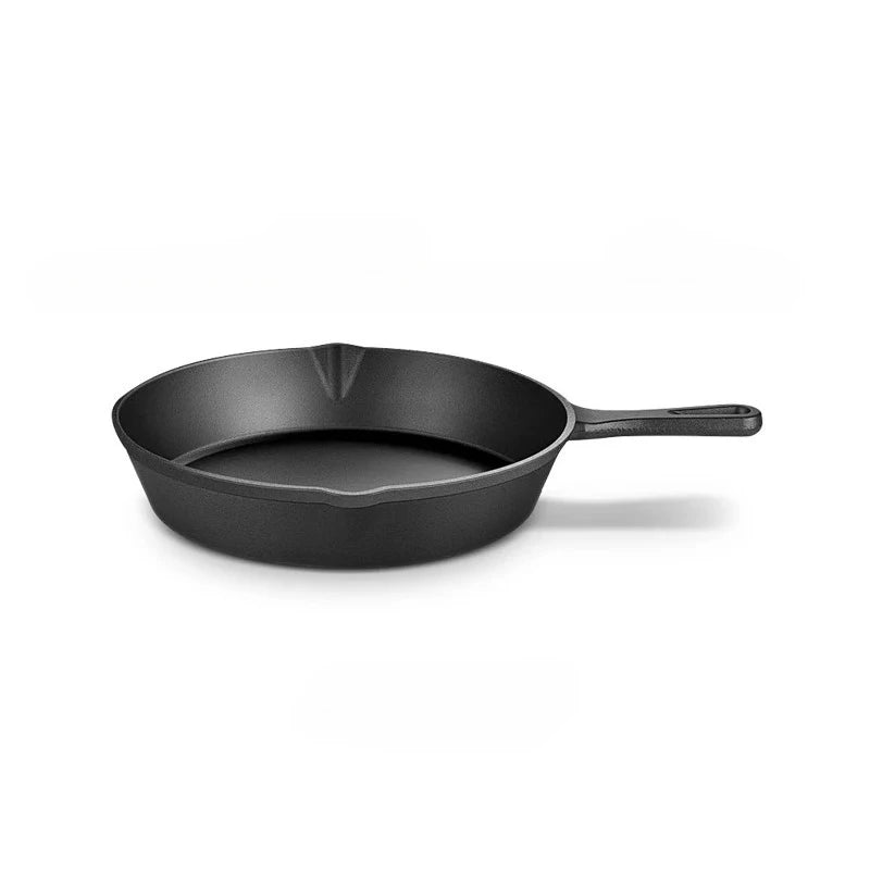 A black cast iron frying pan with a handle, shown against a white background.
