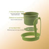 A green press-type drain basket with a fine mesh filter and a handle, shown with installation steps.