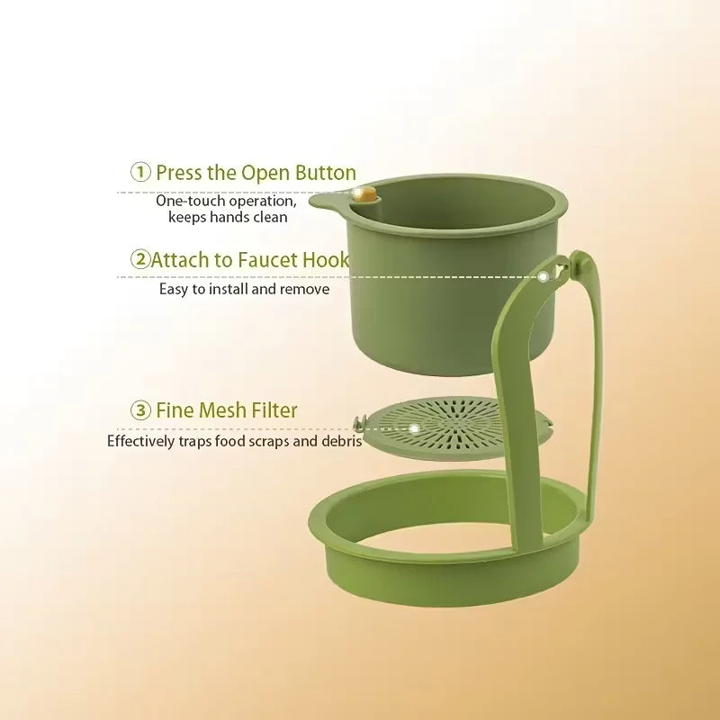 A green press-type drain basket with a fine mesh filter and a handle, shown with installation steps.