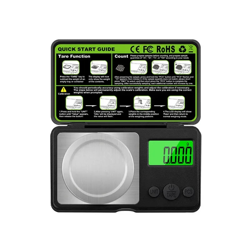 A black digital jewelry scale with a display showing 0.000 and buttons for unit and tare functions.