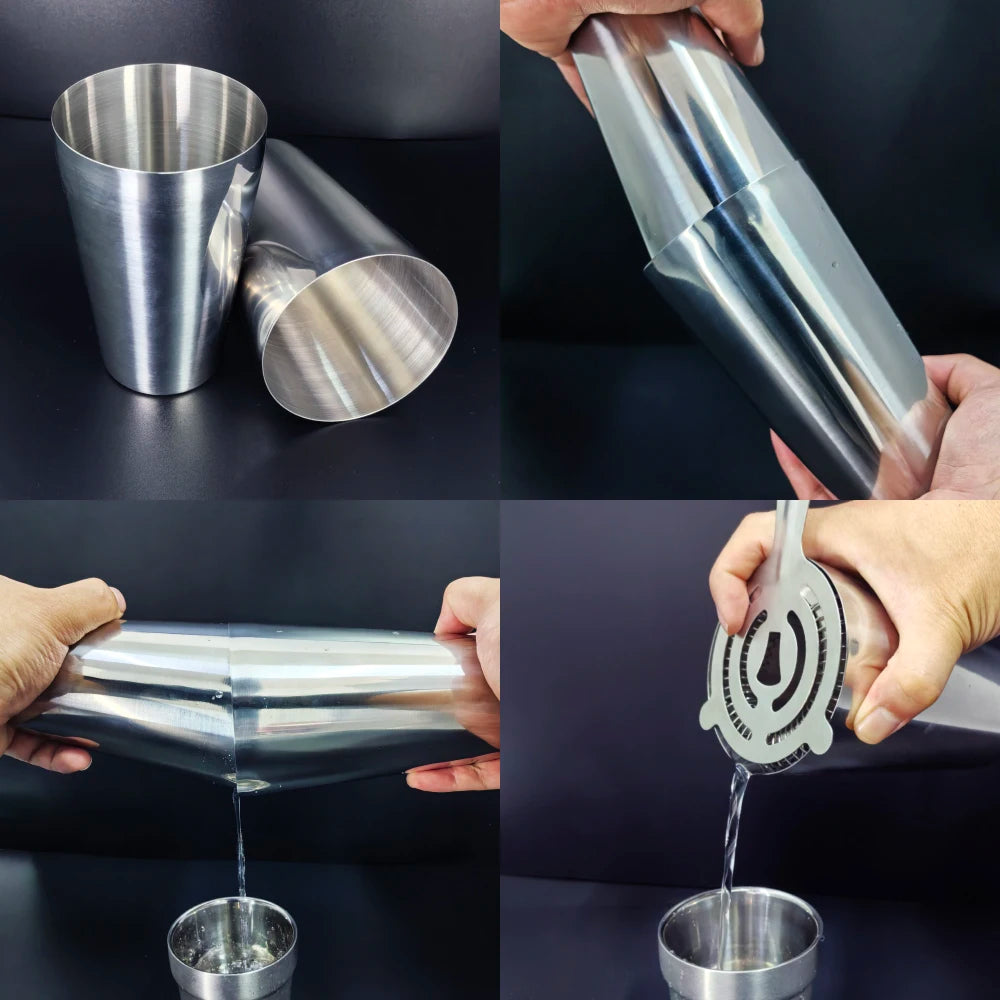 Professionelles Cocktail-Shaker-Set aus Edelstahl mit einer Flüssigkeit, die eingegossen wird.