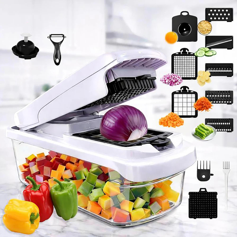 A white 15-in-1 multifunctional vegetable chopper is shown with various chopped vegetables and accessories.