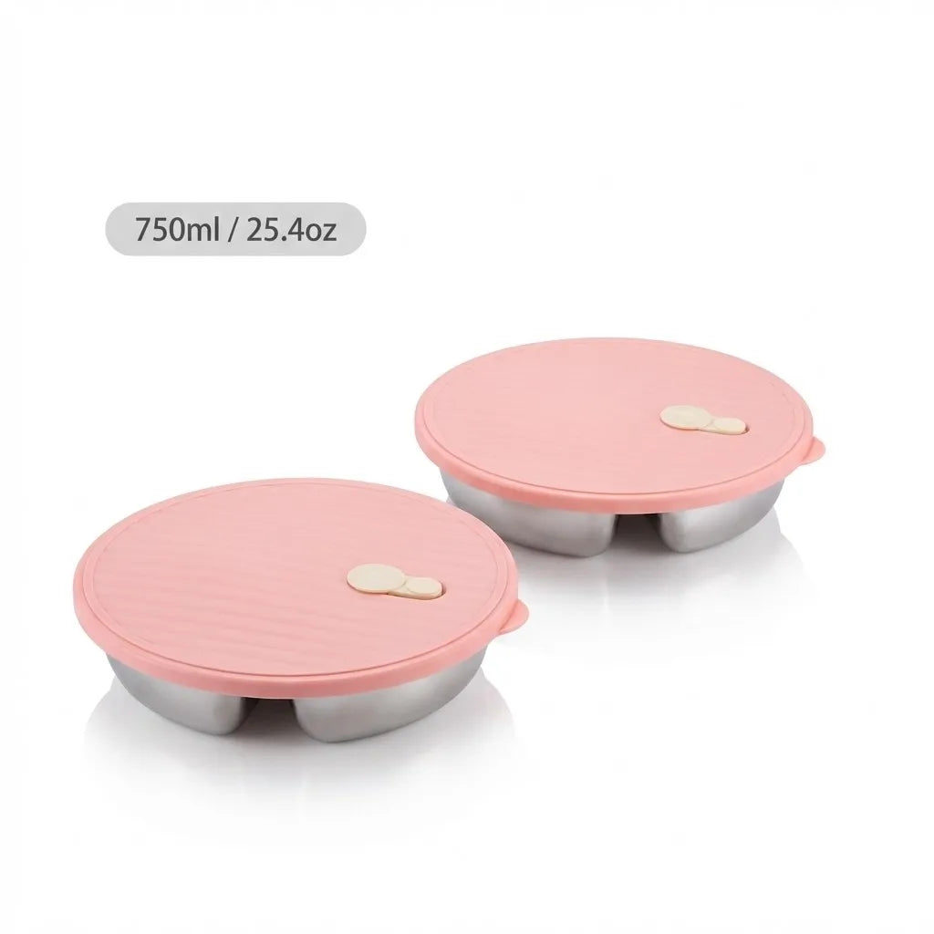 Pink stackable stainless steel divided dinner plates with lids, 750ml capacity.