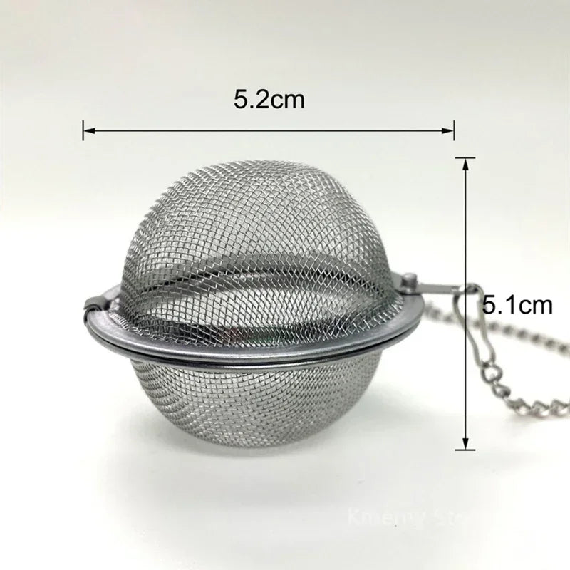 A silver stainless steel tea infuser ball with a mesh strainer and chain, shown against a white background.