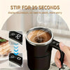 A hand holds a black automatic stirring coffee cup with steam rising, demonstrating the 20-second countdown feature.