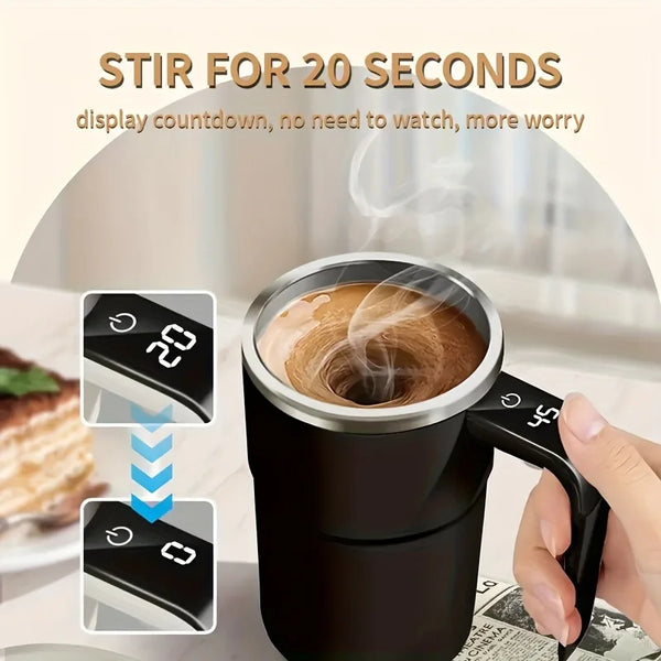 Eine Hand hält eine schwarze automatische Rührtasse mit Dampf, die die 20-Sekunden-Countdown-Funktion demonstriert.
