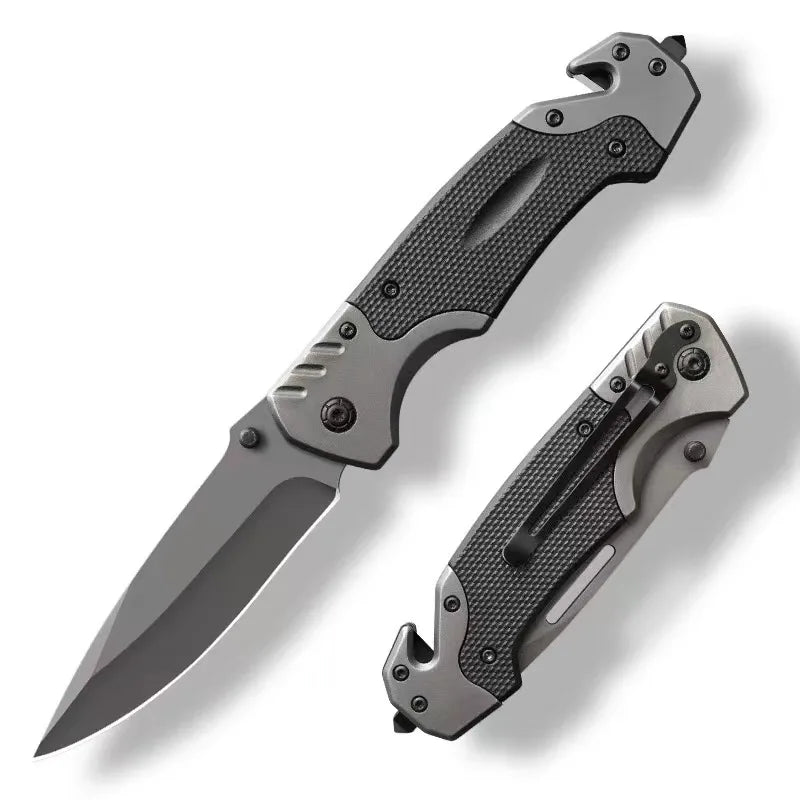 A gray heavy duty outdoor folding pocket knife with a textured handle and blade shown in profile.