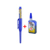 A blue marker pen and a bottle of blue liquid are shown with a plus sign, demonstrating the Precision Deep Hole Marker Pen.