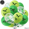 A set of 15 lime green and bright green balloons featuring silhouette dinosaur designs.
