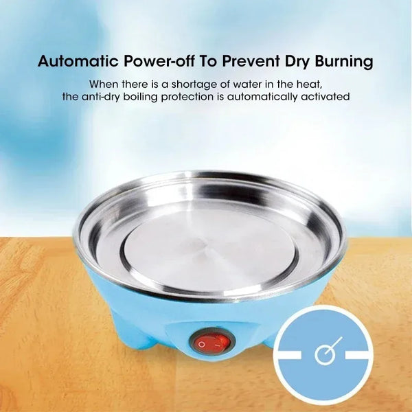 A blue electric steamer pot is shown on a wooden surface, illustrating automatic power-off protection.