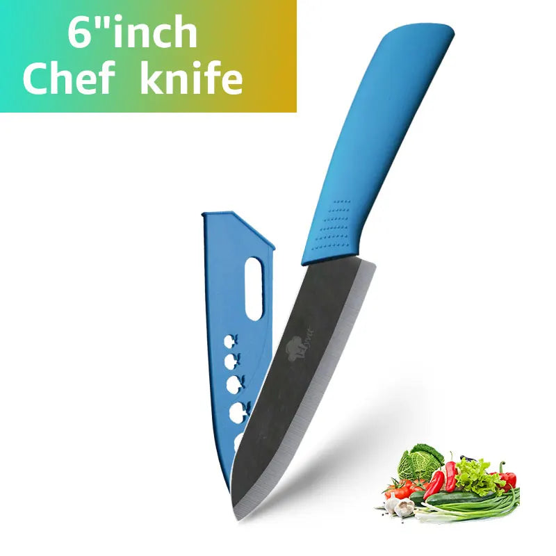 A blue ceramic chef knife is shown next to fresh vegetables like herbs and greens.