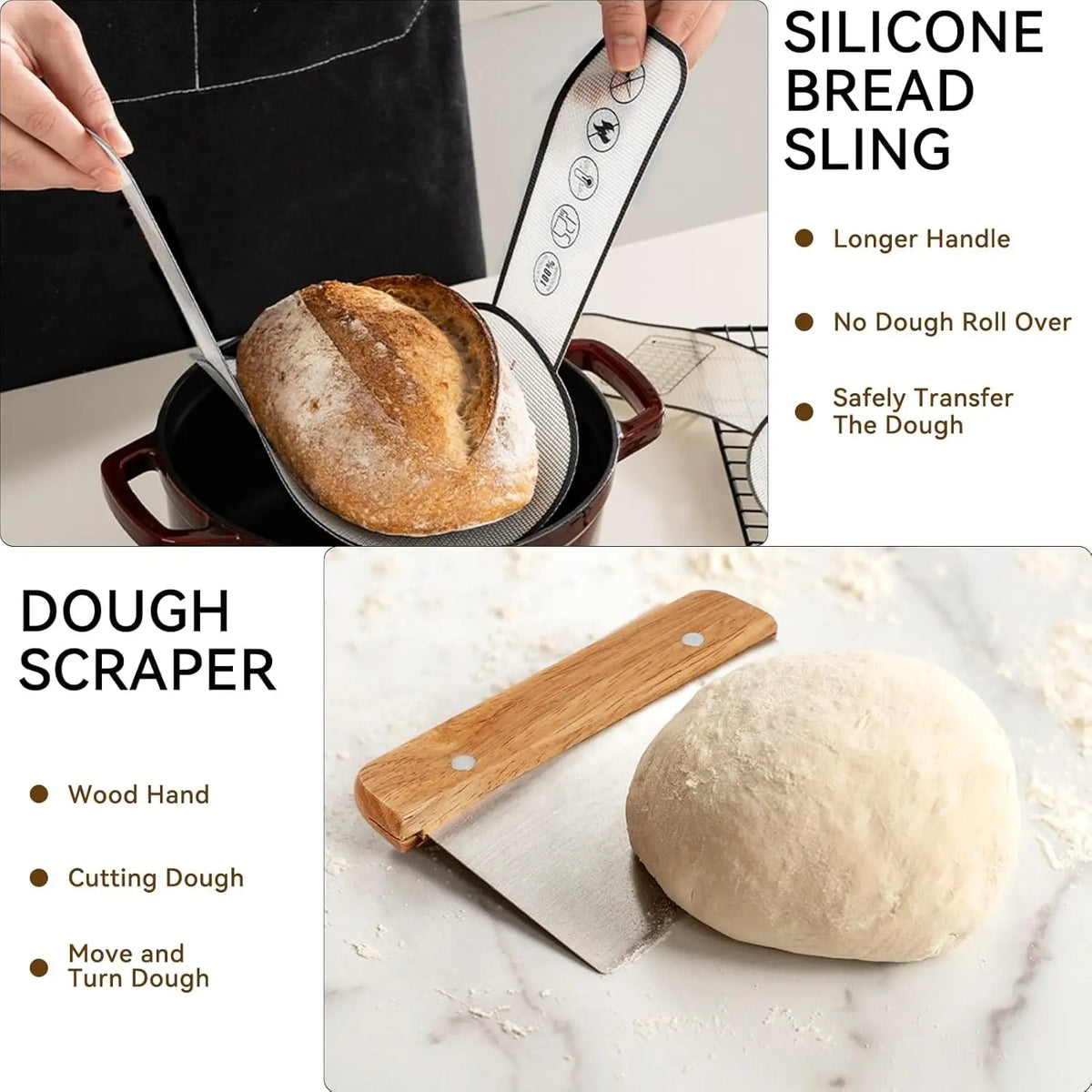 A silicone bread sling and a wood dough scraper are shown for handling sourdough dough.