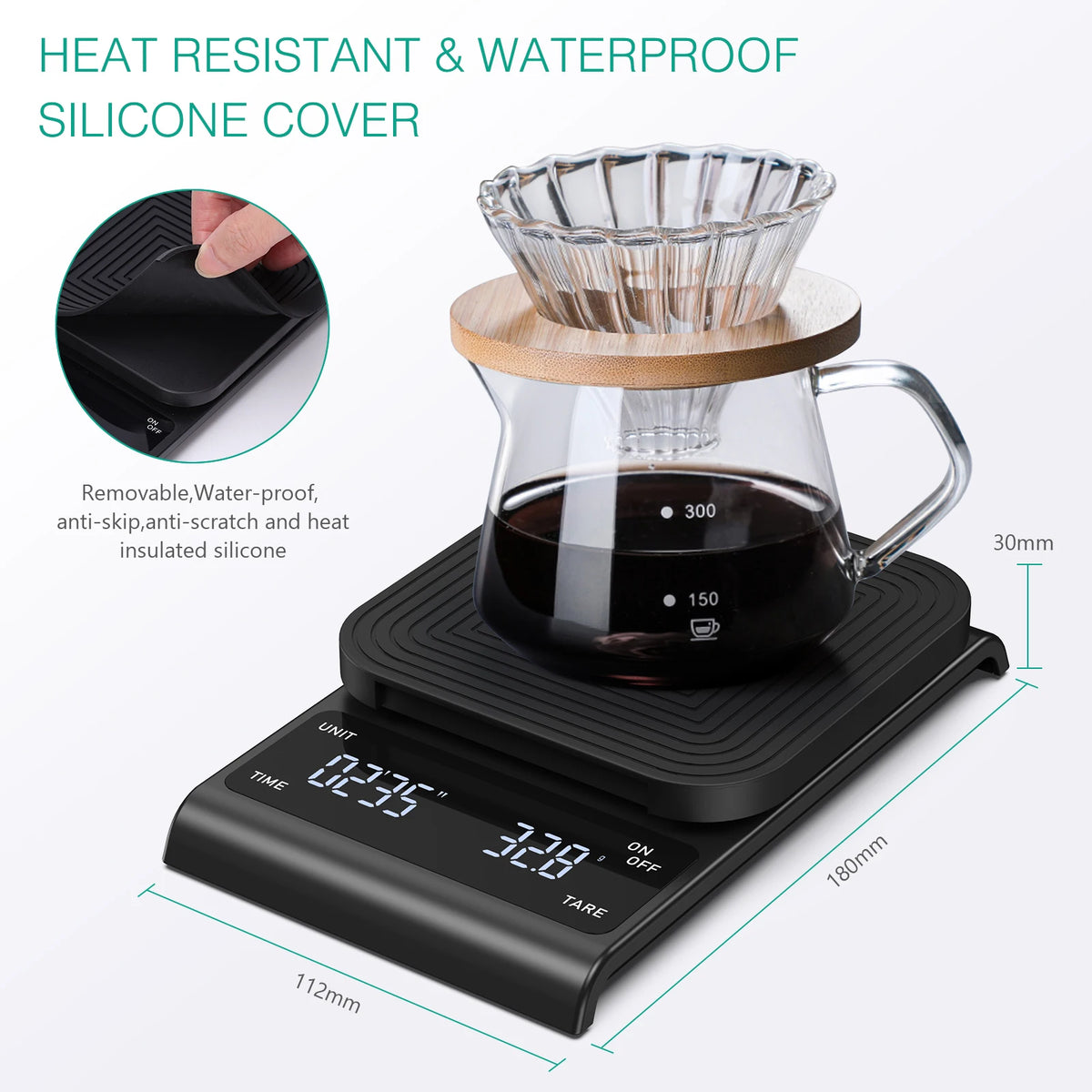 A black heat resistant and waterproof silicone cover for a glass, sitting on a digital scale with a timer.