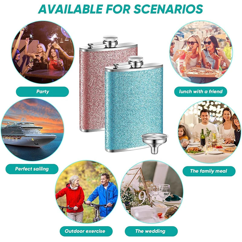 Glitter stainless steel hip flask shown with various lifestyle scenarios like parties, sailing, and family meals.