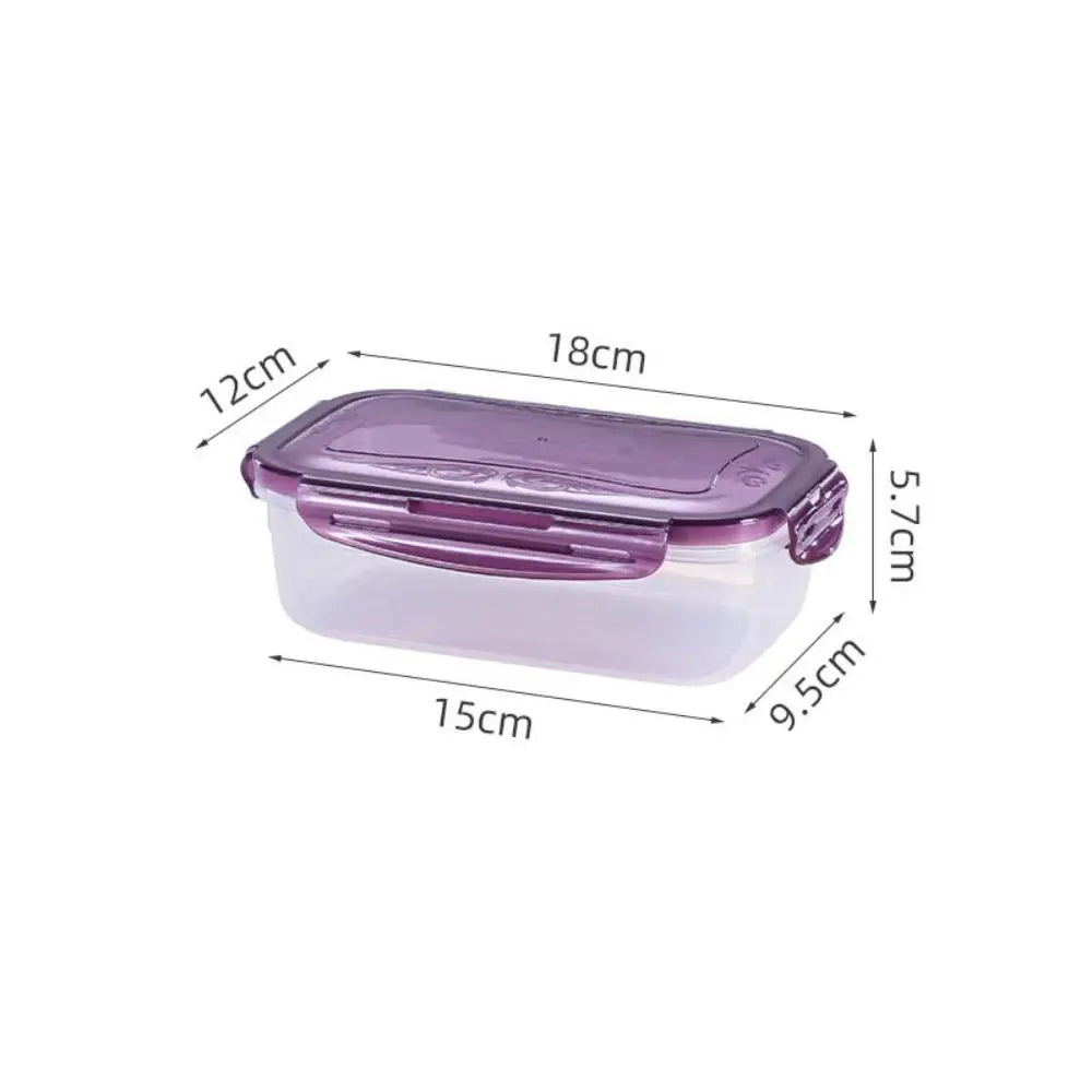 A purple airtight refrigerator storage box shown with various dimensions.