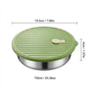A stainless steel food container with a green ribbed lid and a silver base, measuring 19.5cm.