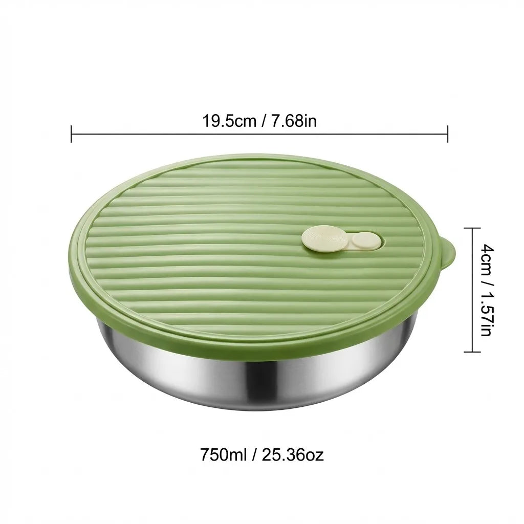 A stainless steel food container with a green ribbed lid and a silver base, measuring 19.5cm.