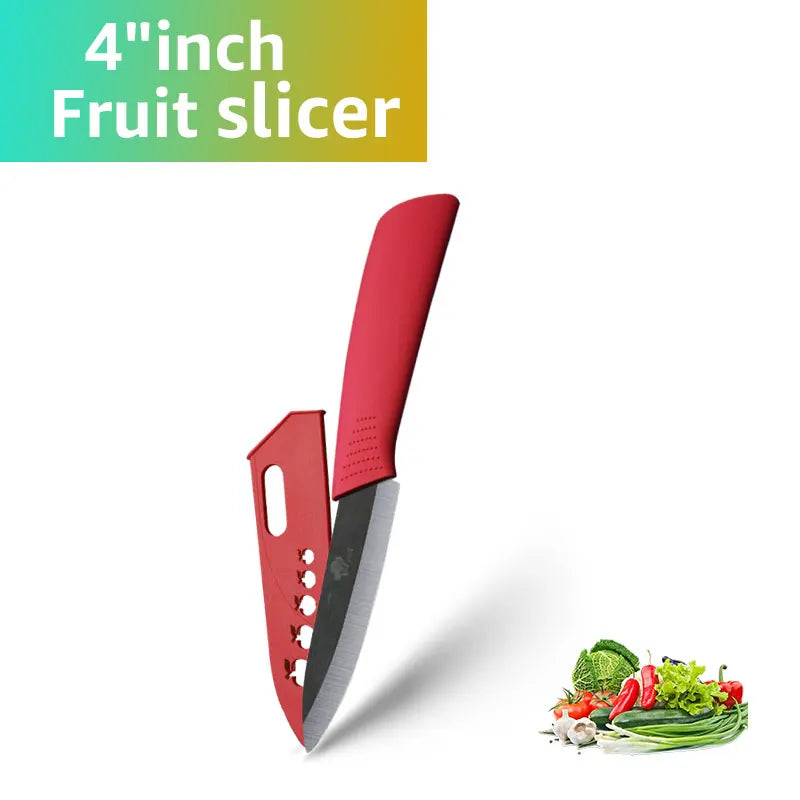 A red fruit slicer knife with a black blade is shown next to fresh vegetables.