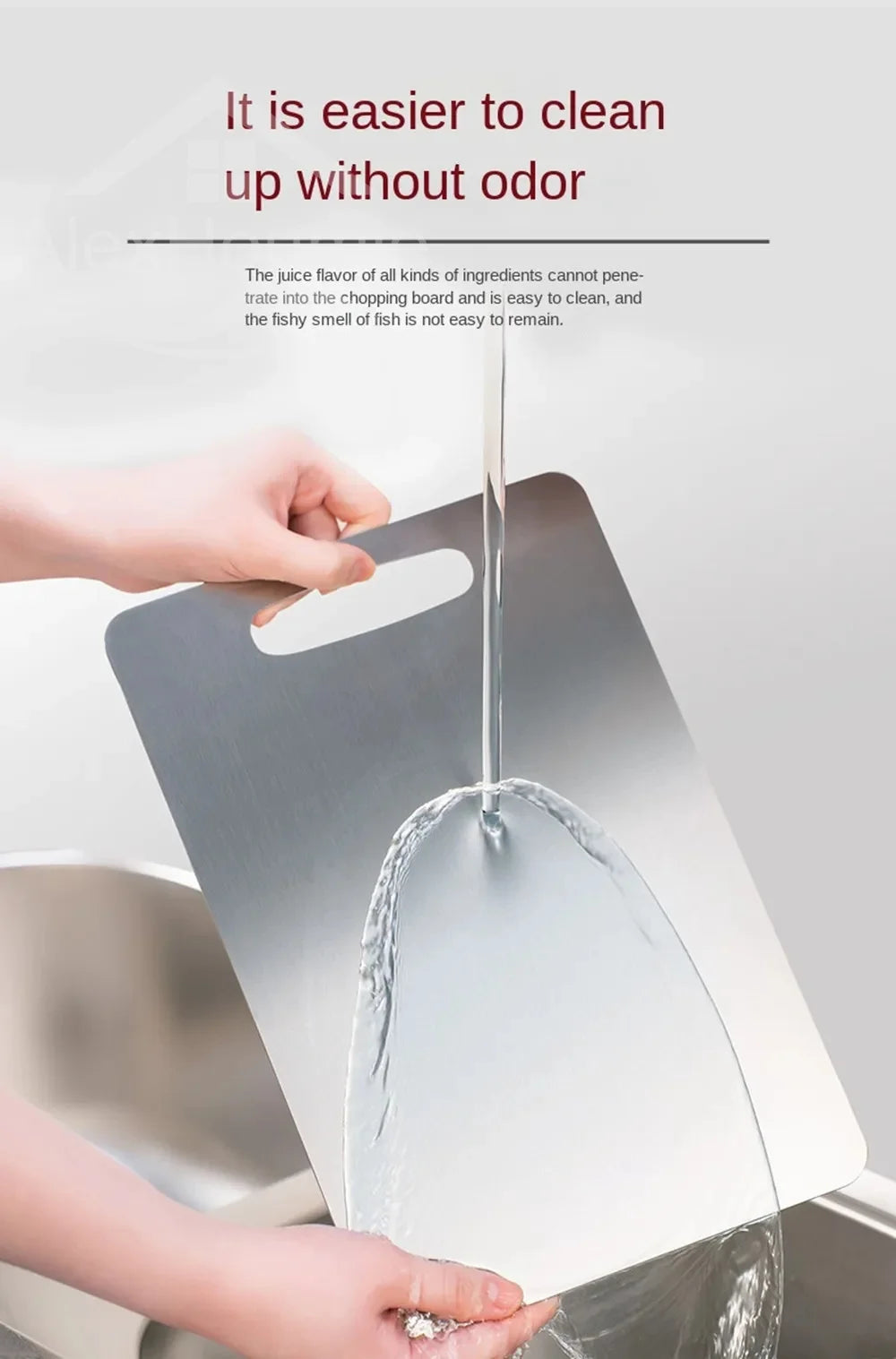 Hands are cleaning a double-sided stainless steel cutting board under running water.