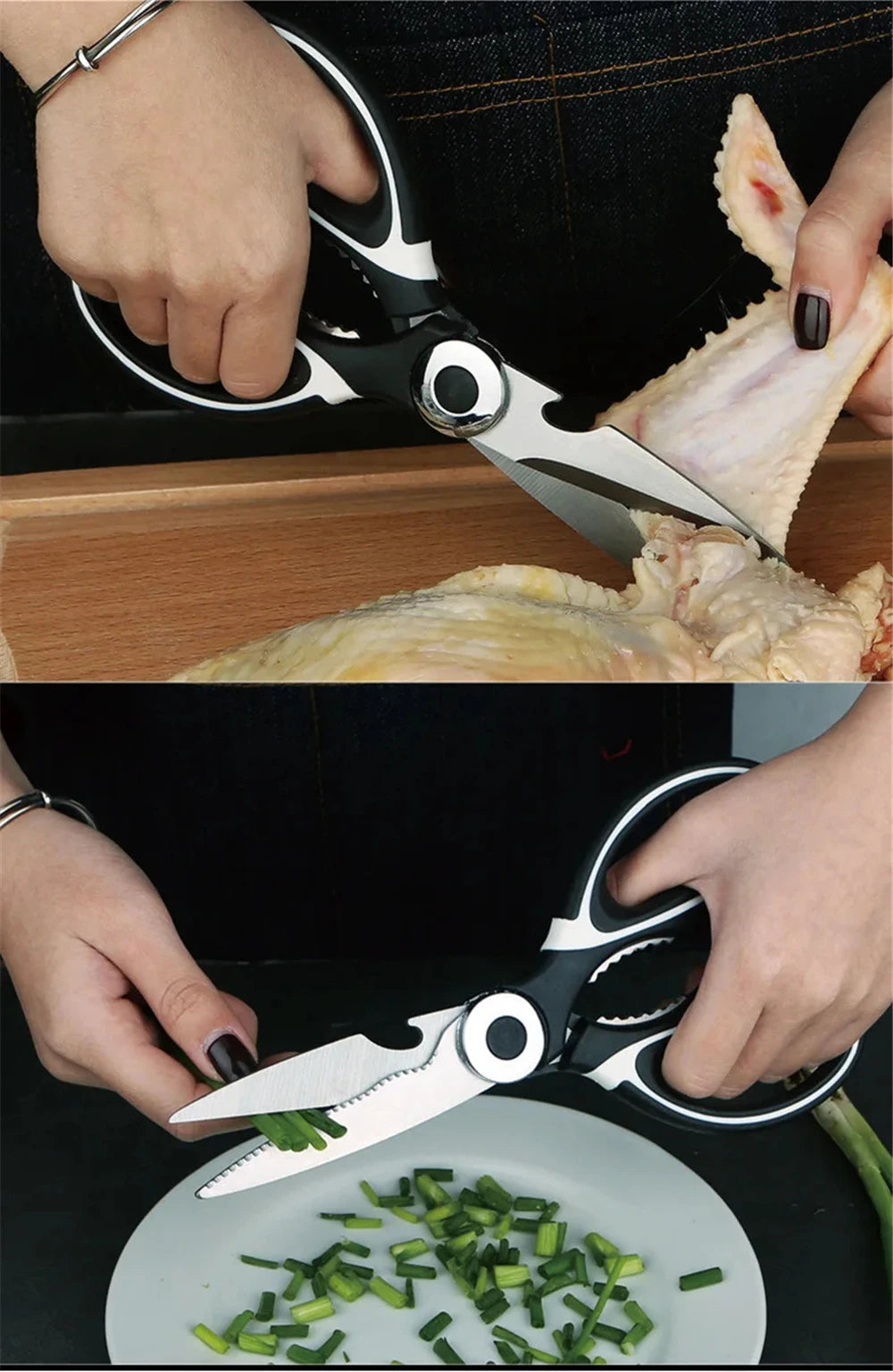 Hands use professional stainless steel kitchen cutting scissors to cut green herbs on a white plate.