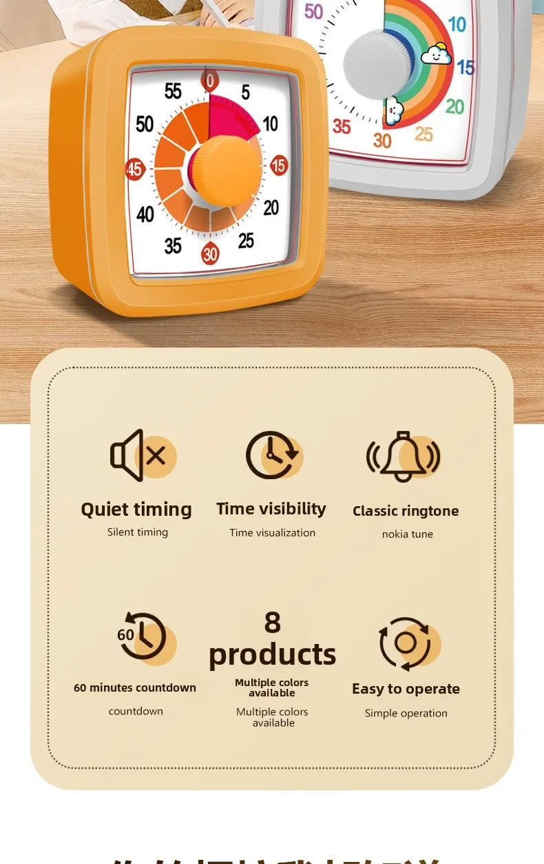 An orange silent visual countdown timer with markings for time visualization and various functions.