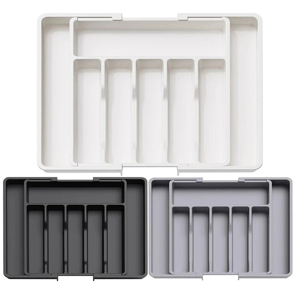 Set ausstellbare Kunststoff-Besteck-Organizer-Tabletts in Schwarz und Grau.