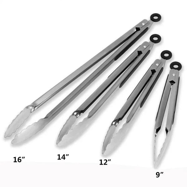 Set aus Edelstahl-Grillzangen und -Klemmen in verschiedenen Längen von 9 bis 16 Zoll.