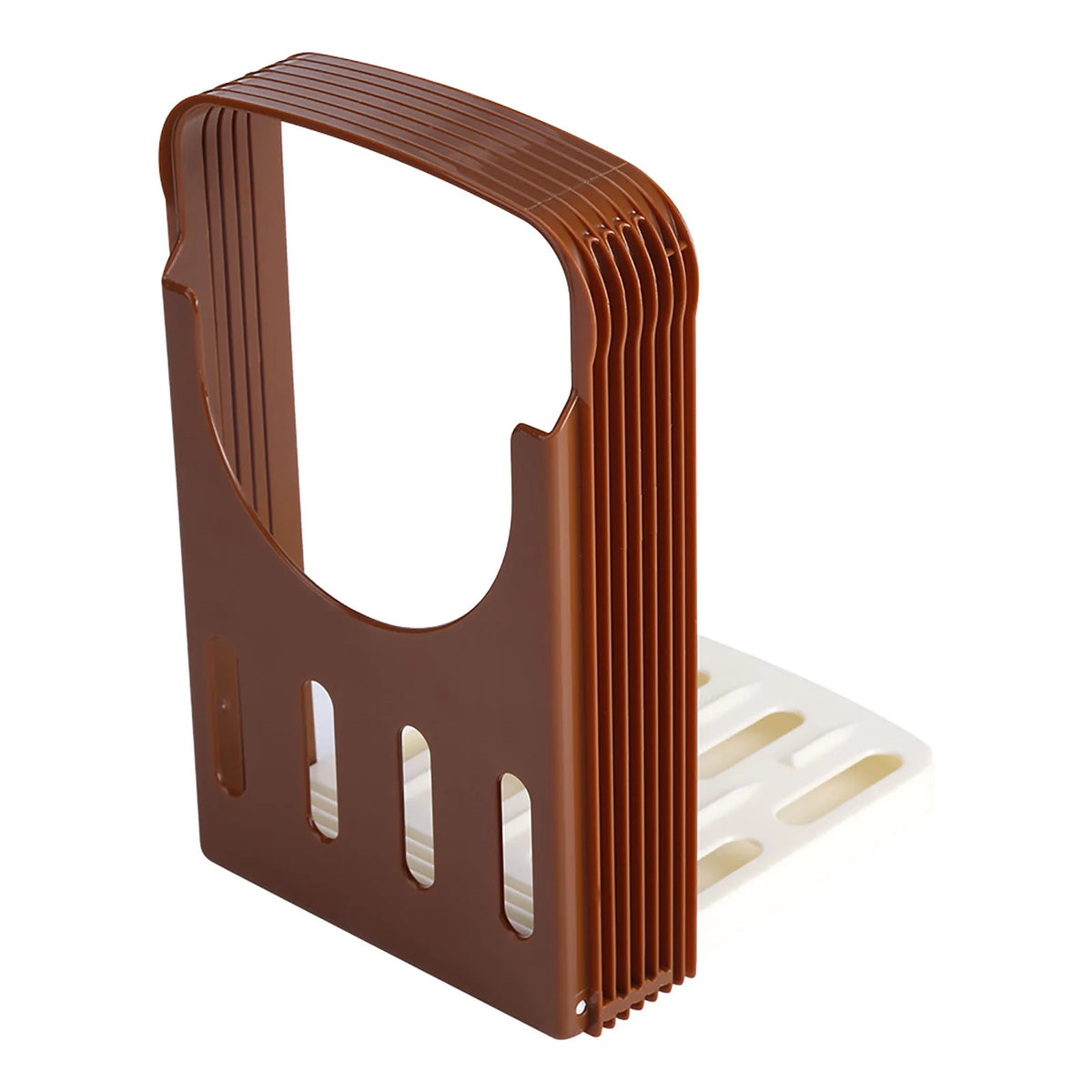 A brown foldable ceramic bread and toast cutter with vertical ridges and a slotted tray.