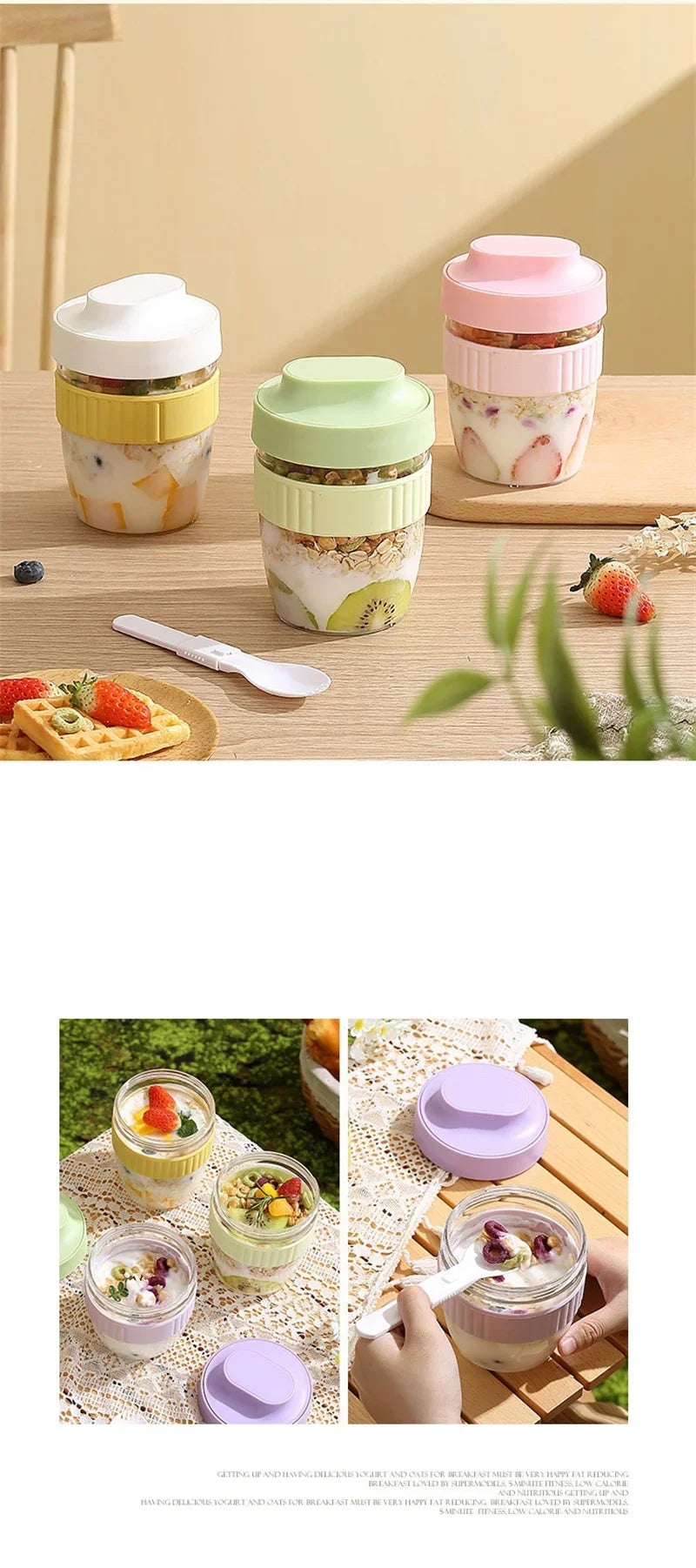 Three reusable and leakproof portable food containers in pink, green, and yellow holding fruit and yogurt.