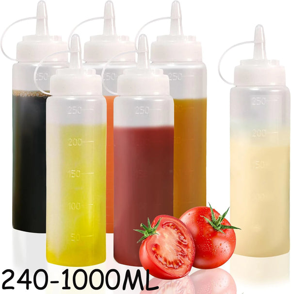 A collection of clear squeeze condiment bottles filled with various colored liquids, including olive oil and sauces.