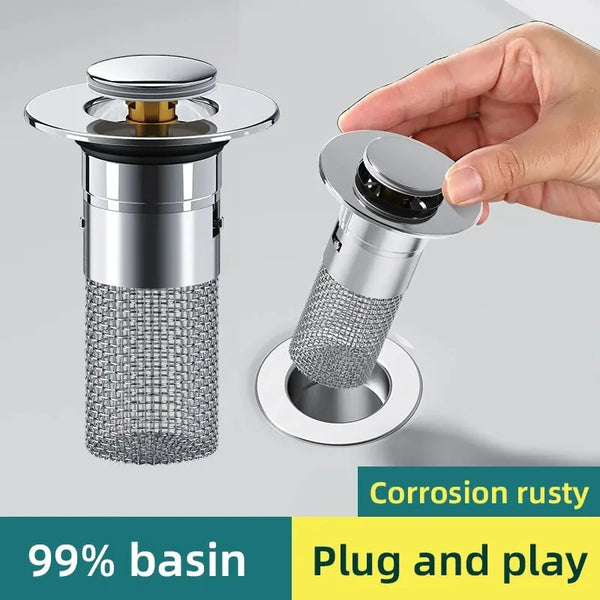 Stainless steel sink drain leak plug with a mesh filter and a screw top, shown in a hand.