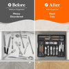 Before and after comparison of a messy cutlery drawer organized with a retractable organizer tray