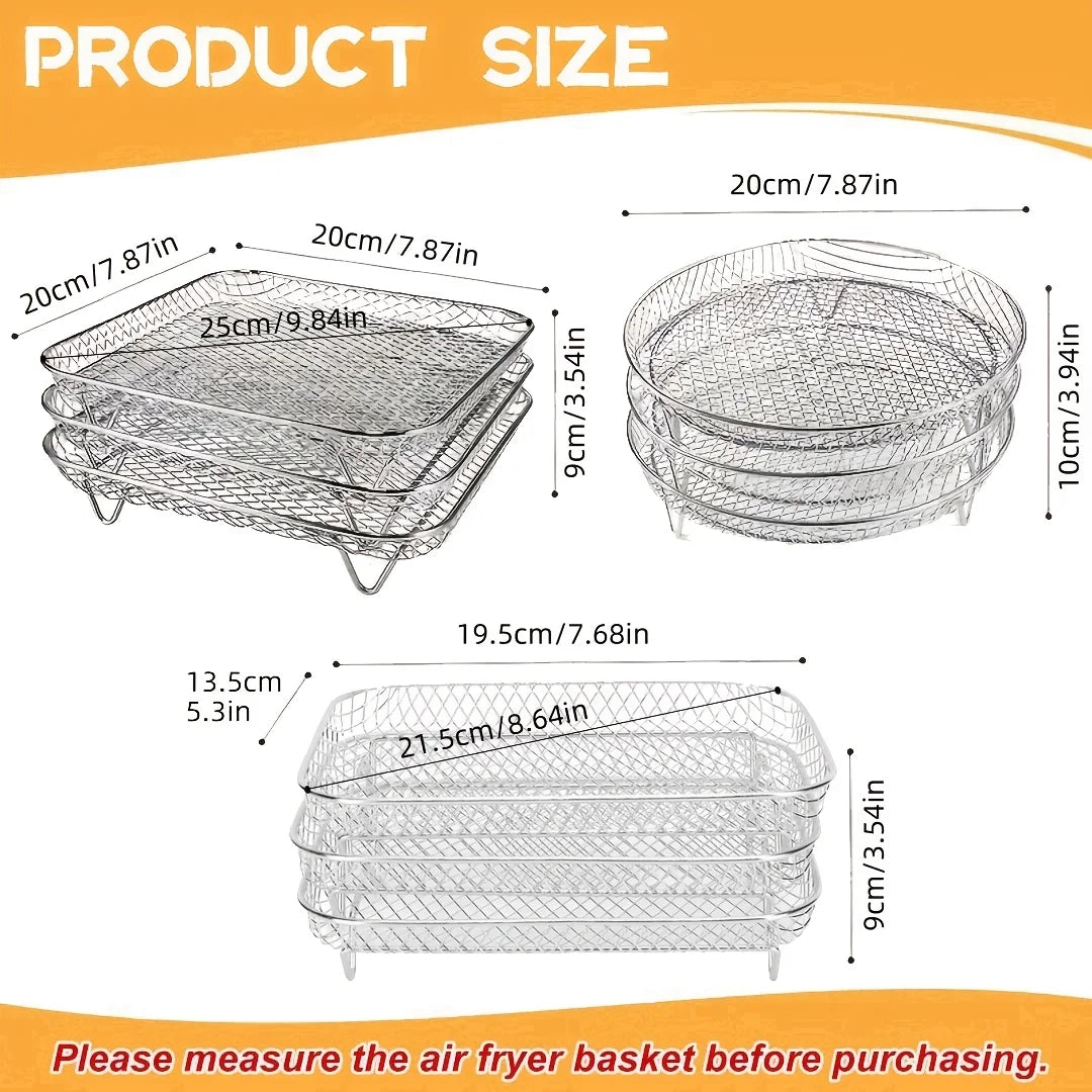 Stackable stainless steel grill basket shown in various sizes and configurations for use in ovens or fryers.