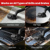 A black 2-in-1 cordless grill cleaning brush is shown being used on various types of grills and grates.