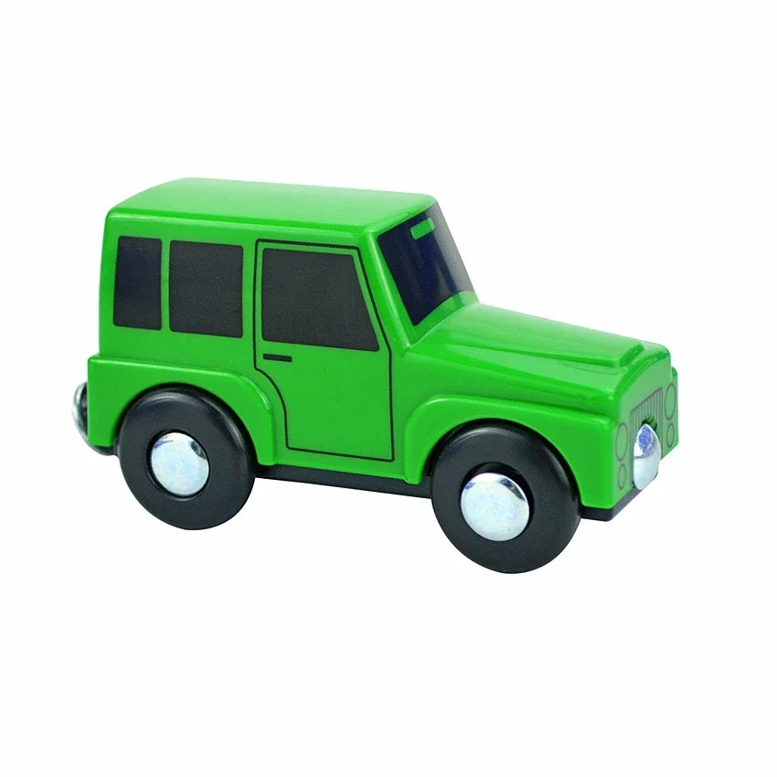 A lime green wooden magnetic train car set for kids with black windows and wheels.