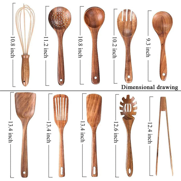 Dimensionales zeichnerisches Abbild eines natürlichen Teak-Küchenzubehörsets mit Löffeln, Gabeln und Reibeern.