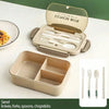 A set of elegant beige cutlery including knives, forks, spoons, and chopsticks displayed next to a rectangular bento box.