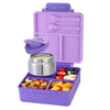 A purple insulated four-grid bento lunch box with a lid and an insert for food.