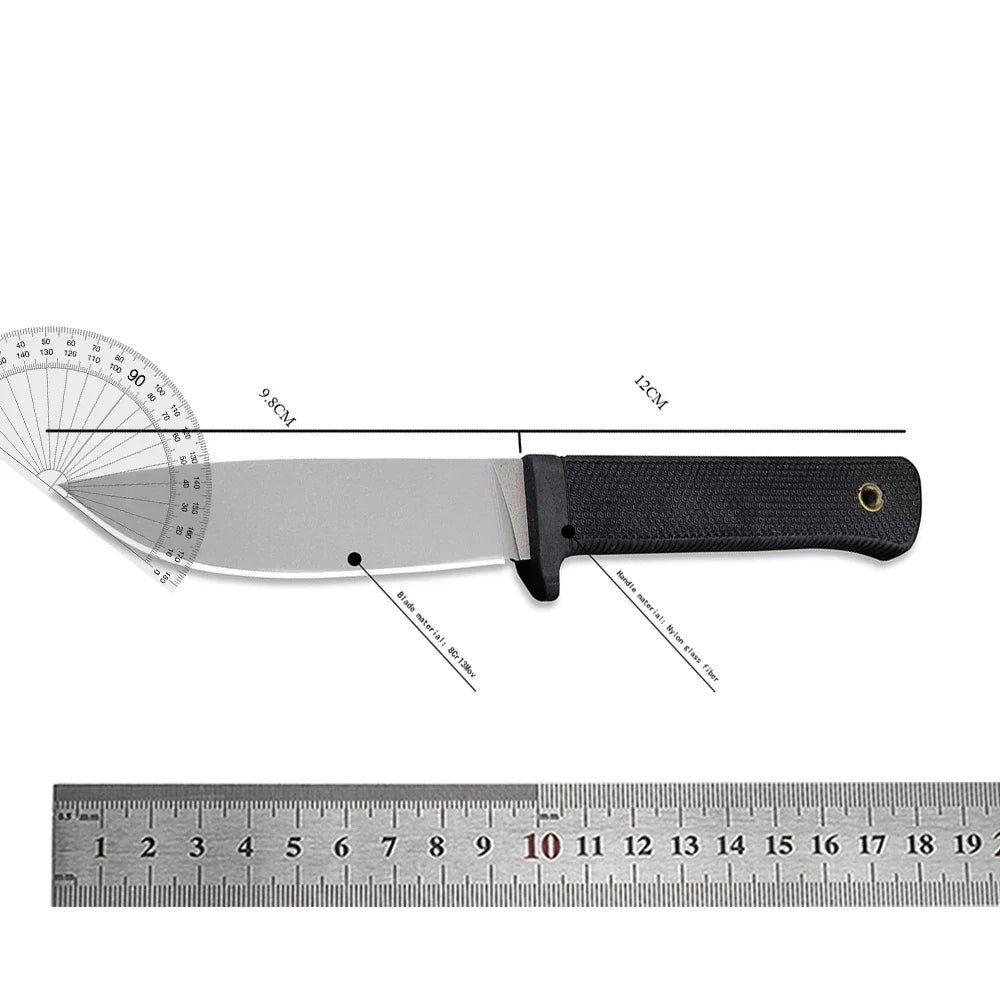 A full-length stainless steel fixed blade outdoor knife with a black handle and a blade length of 12cm.