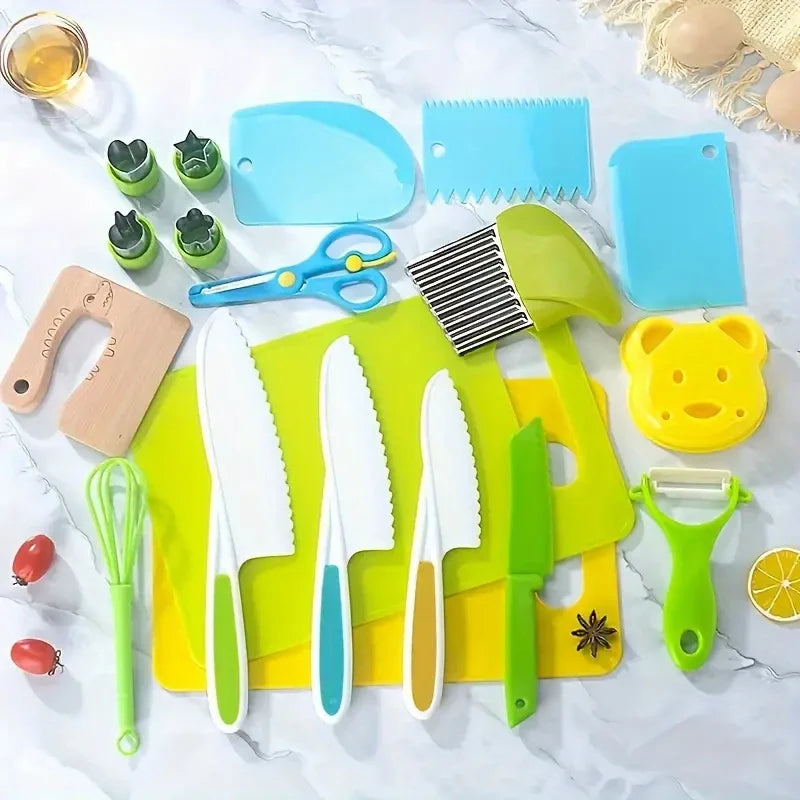 A collection of colorful plastic fruit and cake cutting tools including knives, graters, and slicers arranged on a white surf