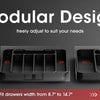 Modular design drawer organizer showing various widths for kitchen utensils