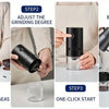 Four steps showing how to use a portable USB-C burr coffee grinder to adjust the grinding degree and brew coffee.