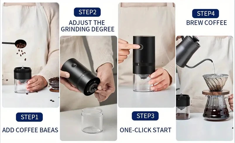 Four steps showing how to use a portable USB-C burr coffee grinder to adjust the grinding degree and brew coffee.